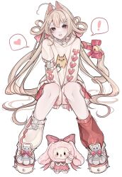  ! 1girl absurdres ahoge animal_ears asymmetrical_footwear azumanga_daioh bell between_legs blonde_hair bow brown_hair character_print commentary cursor double-parted_bangs full_body hair_ornament hand_between_legs hand_cursor heart highres jingle_bell knees long_hair long_sleeves looking_at_viewer mihama_chiyo&#039;s_father mismatched_footwear mismatched_socks open_mouth original red_bow red_socks rosheil simple_background sitting sleeves_past_fingers sleeves_past_wrists socks solo speech_bubble spiked_boots spoken_exclamation_mark spoken_heart stuffed_animal stuffed_toy sweater symbol-only_commentary tail tail_bell tail_bow tail_ornament twintails very_long_hair white_background yellow_socks yellow_sweater 