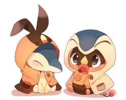  animal_focus animal_hood blush closed_eyes closed_mouth clothed_pokemon cyndaquil full_body highres hood hood_up no_humans pokemon pokemon_(creature) pokemon_focus simple_background tail tepig white_background yupo_0322 