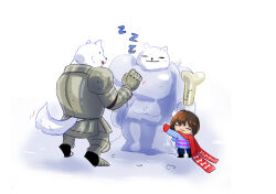  1boy 1other 2015 2d =_= ambiguous_gender animal annoying_dog anthro armor black_boots blue_background blue_pants blue_shirt bone boots brown_hair building_snowman character_name child closed_eyes digital_media dog dog_boy dog_ears double_horizontal_stripe english_commentary facing_viewer frisk_(undertale) furry furry_male gloves greater_dog horizontal-striped_clothes human long_scarf male nnbadbear pants pink_stripes red_gloves red_scarf scarf shirt short_hair simple_background sleeping snow snowman striped_clothes striped_shirt trio two-tone_shirt undertale utdr_(toby_fox) white_fur zzz 