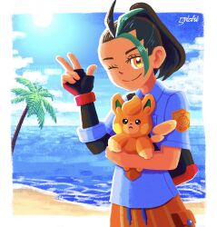  1girl 5xichi :&lt; absurdres beach black_gloves black_hair blue_sky border closed_mouth clouds commentary_request dark-skinned_female dark_skin day dot_nose elbow_gloves eyelashes fingerless_gloves freckles gloves green_hair highres holding holding_pokemon multicolored_hair naranja_academy_school_uniform nemona_(pokemon) no_lineart one_eye_closed orange_eyes orange_shorts outdoors palm_tree pawmi pokemon pokemon_(creature) pokemon_sv ponytail sand school_uniform shirt shore short_sleeves shorts signature single_elbow_glove single_fingerless_glove sky smile sun tree two-tone_hair w water white_border white_shirt 
