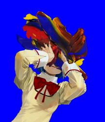  1girl absurdres blue_background blue_hair bow bowtie hands_on_own_face hands_up highres juliet_sleeves long_sleeves madoka_runes mahou_shoujo_madoka_magica mahou_shoujo_madoka_magica_(anime) mihifu miki_sayaka mitakihara_school_uniform paint parted_lips puffy_sleeves red_bow red_bowtie school_uniform shirt short_hair simple_background solo surreal symbolism upper_body white_shirt 