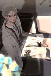  1boy black_shoes blazer blue_flower blue_necktie blue_rose business_suit buttons chair closed_mouth coat coat_on_shoulders collared_coat collared_shirt commentary_request couch dress_pants dress_shoes earrings elf expressionless eyelashes flower full_body grey_eyes grey_hair grey_jacket grey_pants grey_suit grey_vest hair_between_eyes indoors jacket jewelry kohanai_setsuna lapels layered_sleeves long_sleeves male_focus mercury_(shining_nikki) necktie nikki_(series) notched_lapels office_chair on_couch open_clothes open_jacket pants plant pointy_ears potted_plant rose shadow shining_nikki shirt shoes short_hair sitting solo suit sunlight swivel_chair thick_eyebrows vest white_coat white_shirt 
