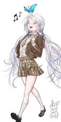  1girl absurdres animal ayatsuno_yuni backpack bag black_shoes brown_jacket brown_necktie brown_skirt bug butterfly closed_eyes collared_shirt commentary_request floating_hair full_body grey_hair grey_shirt grey_socks hair_ribbon hands_up happy highres horns jacket kitsune_hero long_hair long_sleeves low_twintails miniskirt music musical_note necktie open_mouth pleated_skirt purple_ribbon rabbit ribbon school_uniform shirt shirt_tucked_in shoes singing single_horn skirt socks solo stellive twintails unicorn_horn very_long_hair virtual_youtuber walking wing_collar 