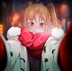  1girl absurdres ahoge blonde_hair blurry blurry_background blush bocchi_the_rock! breath brown_eyes choppy_bangs coat commentary detached_ahoge dilan_griz english_commentary fur-trimmed_coat fur_trim highres ijichi_nijika looking_at_viewer medium_hair meme open_clothes open_coat pov pov_cheek_warming_(meme) reaching reaching_towards_viewer red_scarf scarf side_ponytail smile solo upper_body white_coat winter_clothes 