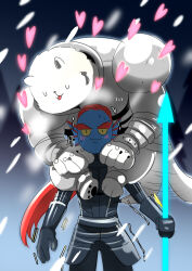  1boy 1girl 2016 2d anthro armor blue_skin breastplate clinging closed_eyes colored_sclera colored_skin digital_media dog dog_boy duo ear_fins female fins fish fish_girl furry furry_male gauntlets greater_dog head_fins heart high_ponytail holding holding_polearm holding_spear holding_weapon long_hair monster monster_girl nnbadbear no_eyepatch pauldrons polearm ponytail red_hair sharp_teeth simple_background slit_pupils spear teeth trembling undertale undyne utdr_(toby_fox) uwu weapon white_fur yellow_sclera yellow_teeth 