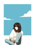  1girl blue_pants border brown_eyes brown_hair closed_mouth clouds dated deerwhisky highres long_sleeves medium_hair original outside_border pants puffy_sleeves sitting solo sweater white_border white_sweater 