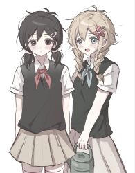  2girls antenna_hair basil_(faraway)_(omori) basil_(omori) black_eyes black_hair black_sweater_vest blonde_hair blue_eyes blue_neckerchief blush brown_skirt closed_mouth collared_shirt double-parted_bangs flower genderswap genderswap_(mtf) green_sweater_vest hair_between_eyes hair_flower hair_ornament hairclip highres holding holding_watering_can long_skirt looking_at_viewer low_twintails medium_hair multiple_girls neckerchief omori open_mouth red_neckerchief shirt short_hair short_sleeves short_twintails simple_background skirt smile sunny_(omori) sweatdrop sweater_vest thigh-highs twintails watering_can white_background white_shirt white_thighhighs wktdms1 