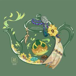  animated animated_gif artist_name commentary english_commentary flower genshin_impact green_background green_flower instagram_username leaf mushroom no_humans object_focus objectification plant roxxell simple_background taser teapot tighnari_(genshin_impact) twitter_username vines watermark yellow_flower 