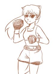  1girl :) alternate_costume arm_up bandaged_wrist bandages bare_arms bike_shorts bike_shorts_under_shorts black_eyes boxer boxing_gloves boxing_shorts breasts collarbone commentary_request cowboy_shot deviantart_sample english_text feet_out_of_frame fighting_stance firefoxkuma floating_clothes floating_hair gloves hair_between_eyes hair_ornament hairclip interface_headset_(evangelion) leg_up long_hair looking_to_the_side monochrome name_tag neon_genesis_evangelion shorts shorts_under_shorts simple_background sketch small_breasts smile souryuu_asuka_langley split_mouth tareme white_background white_theme 