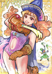  1boy 1girl alena_(dq4) artist_name blue_cape blue_hair blue_hat boots breasts brown_boots brown_gloves brown_hair cape claw_(weapon) clift clothing_cutout curly_hair dragon_quest dragon_quest_iv dual_wielding earrings food gloves green_hat green_tunic hat highres holding holding_food holding_vegetable jewelry leotard medium_breasts mitre naga160oji parted_lips pink_leotard red_eyes short_hair sketch smile stomach_cutout teeth tunic vegetable weapon 
