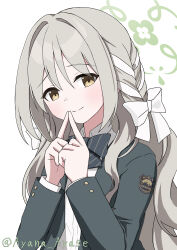  1girl absurdres ayana_ayase black_bow black_bowtie blue_archive blush bow bowtie braid brown_hair closed_mouth collared_shirt commentary_request diagonal-striped_bow diagonal-striped_bowtie diagonal-striped_clothes green_halo green_jacket hair_bow hair_intakes hair_ribbon halo hands_up highres index_fingers_together jacket long_hair long_sleeves looking_at_viewer miyo_(blue_archive) ribbon ribbon_braid school_uniform shirt shy side_braid simple_background smile solo split_mouth striped_bow striped_bowtie striped_clothes twitter_username upper_body very_long_hair wavy_hair white_background white_bow white_ribbon white_shirt wild_hunt_academy_of_arts_logo yellow_eyes 