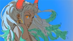  1girl aqua_hair bare_arms blue_background earrings gold_earrings hair_flowing_over hair_ornament highres hoop_earrings horns jewelry long_hair looking_at_viewer looking_to_the_side nyan_2020 one_piece oni orange_pupils parted_lips red_horns shirt sidelocks sketch sleeveless sleeveless_shirt unfinished white_hair white_shirt yamato_(one_piece) 