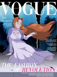  1girl absurdres arisugawa_juri arm_extended background ballet_slippers blue_eyes dress gabeheeler gold_pendant long_hair magazine_cover orange_hair parody pendant shawl shoes shoujo_kakumei_utena sitting_on_ground solo text vogue_(magazine) white_dress wistful 