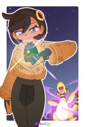  1girl :3 absurdres ampharos arciarcy black_bodysuit black_hair bodysuit bodysuit_under_clothes breasts brown_jacket closed_mouth dark-skinned_female dark_skin emma_(pokemon) gloves hair_ornament highres jacket latex latex_bodysuit looking_at_viewer mega_evolution mega_stone night night_sky open_mouth orange_gloves outdoors pokemon pokemon_(creature) pokemon_legends:_z-a short_hair sky smile tail two-tone_gloves violet_eyes 