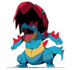  blue_claws blue_skin claws colored_skin crocodilian fangs feraligatr full_body highres hood looking_at_viewer mega_feraligatr mega_pokemon no_humans open_mouth pokemon pokemon_(creature) pokemon_focus psaber97 sharp_teeth simple_background skin_fangs solo spikes tail teeth white_background yellow_eyes 
