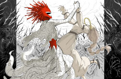  1girl arched_back blot_plot branch brown_hair colored_skin commentary_request crowd dancing dress feet_out_of_frame flower flower_head flower_necklace forced from_side greyscale grid_teeth hand_on_another&#039;s_waist holding_hands hyuba_(kankan33333) kankan33333 leg_up long_dress long_hair monochrome monochrome_background monster multi-tied_hair original red_skin smile spot_color teeth 