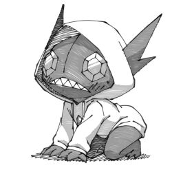  all_fours clothed_pokemon gem greyscale highres hood hood_up hoodie ino_eye monochrome no_humans original pokemon pokemon_(creature) pokemon_focus sableye sharp_teeth simple_background teeth white_background 