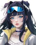  1girl ahneato animal_ears black_hair blue_archive blue_collar blue_eyes collar dog_ears dog_girl eyewear_on_head goggles goggles_on_head grey_jacket halo hibiki_(blue_archive) highres jacket long_hair looking_at_viewer parted_lips solo upper_body yellow_halo 