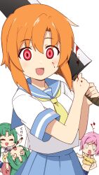  1girl 4girls @_@ blood blood_on_face blood_on_weapon blue_sailor_collar blush_stickers collared_shirt constricted_pupils crazy crazy_eyes crazy_smile crop_top dot_nose empty_eyes green_hair highres higurashi_no_naku_koro_ni holding holding_weapon long_hair looking_at_viewer mamiya_rina multiple_girls nata_(tool) navel neckerchief open_mouth orange_hair parted_bangs pleated_skirt ponytail ryuuguu_rena sailor_collar school_uniform serafuku shirt short_hair short_sleeves siblings sidelocks sisters skirt smile sonozaki_mion sonozaki_shion summer_uniform sweatdrop tonogai_yoshiki twins weapon white_background white_serafuku white_shirt yellow_neckerchief 