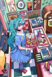  1girl apron aqua_eyes aqua_hair calilo cash_register checkered_floor choker clock commentary counter cup diner disposable_cup doughnut dress drinking_straw food french_fries frilled_dress frills from_above full_body hatsune_miku highres holding holding_tray ice_cream jukebox kagamine_rin kasane_teto ketchup ketchup_bottle leg_warmers long_hair mesmerizer_(vocaloid) mustard mustard_bottle nail_polish poster_(object) restaurant roller_skates sauce_packet short_sleeves skates smile soda_fountain solo spoon striped_clothes striped_dress sundae tile_floor tiles tray twintails very_long_hair visor_cap vocaloid wafer_stick waist_apron waitress wall_clock wrist_cuffs 