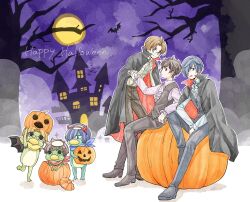  3boys ascot bare_tree bat_(animal) black_cape black_pants blue_eyes branch brown_hair buttons cape commentary_request dual_persona fake_horns fang freckles full_body full_moon green_eyes hair_over_one_eye hairband happy_halloween highres holding_another&#039;s_wrist horn_hairband horns jack-o&#039;-lantern jinnai_enta kappa kiichi_m kuji_toi male_focus mansion moon multiple_boys night open_mouth outdoors pants pumpkin ribbon round_eyewear sarazanmai shirt short_hair sitting sitting_on_object smile tree vampire_costume white_ascot white_ribbon white_shirt yasaka_kazuki 