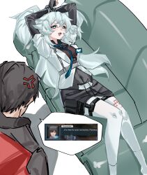  1boy 1girl :d absurdres anger_vein arms_behind_head between_breasts black_gloves black_shirt black_skirt blue_eyes blue_necktie blush boots breasts brown_hair commander_(girls'_frontline) couch covered_navel elbow_gloves english_text excited fingerless_gloves florence_(girls'_frontline_2) girls'_frontline_2:_exilium girls_frontline gloves hair_between_eyes heart heart-shaped_pupils highres holster id_card jacket knees_together_feet_apart long_hair looking_at_another medium_breasts necktie necktie_between_breasts on_couch pa-15_(girls'_frontline) pantyhose shirt short_hair skirt smile symbol-shaped_pupils thigh_holster thigh_strap thighs very_long_hair white_hair white_jacket yazu_(zoddiacz) 