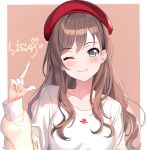  1girl ;) bang_dream! beret blush brown_hair character_name collarbone commentary english_commentary flower fries_vanquisher green_eyes hat heart highres imai_lisa index_finger_raised long_hair long_sleeves one_eye_closed red_headwear rose shirt smile solo two-tone_background white_shirt 