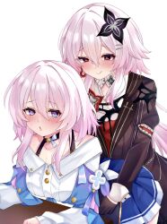  2girls @_@ absurdres black_choker black_dress black_flower black_gloves blue_eyes blue_jacket blue_skirt blush bra_strap breasts buttons choker collarbone commentary_request dress dual_persona earrings evernight_(honkai:_star_rail) flower flower_ornament gloves gradient_clothes gradient_jacket hair_flower hair_ornament highres honkai:_star_rail honkai_(series) jacket jewelry long_sleeves march_7th_(honkai:_star_rail) march_7th_(preservation)_(honkai:_star_rail) medium_breasts medium_hair mimiya miniskirt multicolored_eyes multiple_girls off-shoulder_jacket off_shoulder official_alternate_costume official_alternate_design official_alternate_eye_color official_alternate_hair_length official_alternate_hairstyle open_mouth pink_eyes pink_hair pink_jacket pink_pupils pleated_skirt red_eyes shirt simple_background single_earring skirt sweatdrop tied_jacket two-tone_eyes variant_set white_background white_shirt 