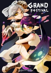  2girls absurdres arms_up boots bow-shaped_hair callie_(grand_festival)_(splatoon) callie_(splatoon) colored_eyelashes commentary cousins crown english_text eyelashes gradient_hair green_hair highres hug inkling kainesato long_hair looking_at_viewer marie_(grand_festival)_(splatoon) marie_(splatoon) mole mole_under_eye multicolored_hair multiple_girls official_alternate_costume open_mouth pointy_ears purple_hair short_hair smile splatoon_(series) splatoon_3 standing tentacle_hair thick_eyebrows two-tone_hair yellow_eyes 