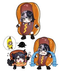  2girls :&lt; absurdres black_hair black_horns chibi chibi_only closed_mouth crying grey_hair highres hololive hololive_english horns hot_dog_costume meme multicolored_hair multiple_girls nerissa_ravencroft open_mouth red_eyes sad_banana_cat_(meme) shiori_novella simple_background speech_bubble split-color_hair sweatdrop tears thought_bubble two-tone_hair virtual_youtuber white_background yomosaka 