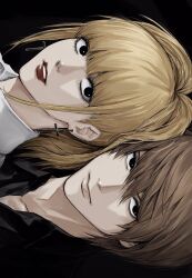  1boy 1girl amane_misa black_background black_eyes blonde_hair blunt_bangs brown_hair cross cross_earrings death_note earrings hair_between_eyes highres jewelry lips long_hair looking_at_viewer red_lips short_hair sideways simple_background sso_s yagami_light 