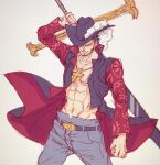  1boy abs aokamei belt black_hair black_headwear clenched_hand closed_mouth coat collarbone commentary cowboy_shot cross_pendant dracule_mihawk english_commentary hat hat_feather holding holding_sword holding_weapon jewelry looking_at_viewer male_focus muscular muscular_male one_piece pants pendant short_hair simple_background sword weapon white_background 