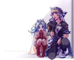  1boy 1girl arm_ribbon ayana_(iqaw5cfohvdtver) black_gloves black_jacket black_pants blue_eyes blue_ribbon blue_trim boots brown_eyes cape covering_own_mouth dress earrings elbow_gloves final_fantasy final_fantasy_vi finger_to_mouth full_body gloves green_hair grey_hair hair_ribbon headscarf jacket jewelry locke_cole long_hair necklace on_one_knee pants parted_bangs parted_lips ponytail print_shirt red_boots red_dress red_gloves ribbon sash shirt short_hair single_glove squatting terra_branford waist_sash white_background white_boots yellow_cape 