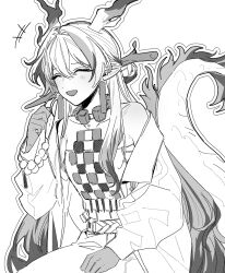  +++ 170x155x161 1girl :d ^_^ arknights bare_shoulders beads closed_eyes dragon_girl dragon_horns dragon_tail greyscale hair_between_eyes hair_intakes hand_up hashtag-only_commentary highres horns jacket jewelry laughing long_hair long_sleeves monochrome necklace off_shoulder open_mouth pointy_ears shu_(arknights) simple_background smile solo strapless tail tail_raised tube_top white_background 