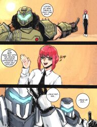  1girl 3boys absurdres armor assault_visor black_necktie black_pants blouse blue_visor chainsaw_man collared_shirt doom:_the_dark_ages doom_(series) doom_eternal doomguy elite_guard_(doom) formal_clothes green_armor high-waist_pants highres long_sleeves lordkillerghost makima_(chainsaw_man) multiple_boys necktie office_lady pants praetor_suit red_hair ringed_eyes shirt shirt_tucked_in short_hair smile space_marine white_shirt yellow_eyes 