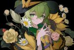  1girl black_background black_headwear bow closed_mouth commentary_request crossed_bangs devilkillerx flower green_eyes green_hair hair_between_eyes hat hat_bow komeiji_koishi long_sleeves looking_at_viewer simple_background solo touhou upper_body yellow_bow 