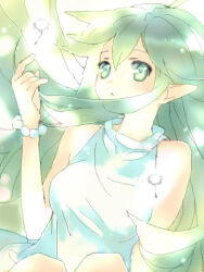  1girl arutopian bead_bracelet beads bracelet breasts commentary_request dandelion_seed dress expressionless green_eyes green_hair hand_up jewelry lif_(ragnarok_online) long_hair looking_at_viewer lowres medium_breasts oekaki open_mouth pointy_ears ragnarok_online sleeveless sleeveless_dress solo upper_body white_dress wind 