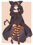  ahoge alternate_costume animal_ears animal_hood barefoot black_dress black_footwear black_hair black_hood blue_eyes braid cat_ears cat_hood cat_tail dress frilled_dress frills full_body hair_flaps hair_over_shoulder highres hood hood_up kantai_collection naoto_(tulip) shigure_(kancolle) shigure_kai_ni_(kancolle) single_braid striped striped_thighhighs tail thigh-highs 