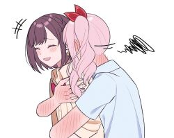  +++ 1girl 1other akiyama_mizuki blush body_blush brown_hair closed_eyes collared_shirt commentary ear_blush fingernails hug hug_from_behind laughing motion_lines mutu_(25love) neck_blush open_mouth project_sekai shinonome_ena shirt side_ponytail simple_background upper_body white_background white_shirt 