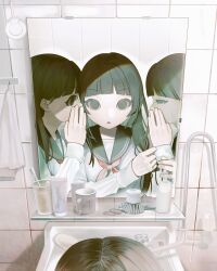  3girls bathroom black_eyes black_hair blunt_bangs cup from_above from_side half-closed_eyes hand_up highres hime_cut long_hair long_sleeves looking_at_reflection lotion_bottle mirror mug multiple_girls neckerchief original parted_lips profile reflection school_uniform serafuku sink test_norma1 tile_wall tiles toothbrush whispering whispering_in_ear 