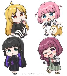  4girls :d ahoge animal black_bow black_dress black_hair black_jacket black_shirt black_shoes blonde_hair blue_eyes blush_stickers bocchi_the_rock! bow braid brown_sandals cellphone chibi dog dress drinking_straw ear_piercing face_piercing geta gotoh_futari green_dress green_eyes grey_sailor_collar hair_bow hair_over_shoulder hiroi_kikuri holding holding_phone ijichi_seika jacket jimihen juice_carton letterman_jacket lip_piercing long_hair long_sleeves mochimiko multicolored_hair multiple_girls official_art open_clothes open_jacket pa-san pants parted_bangs phone piercing pink_hair purple_hair red_eyes sailor_collar sailor_dress sandals shirt shoes short_sleeves simple_background single_braid sleeves_past_fingers sleeves_past_wrists smile striped_clothes striped_pants two-tone_hair two_side_up vertical-striped_clothes vertical-striped_pants very_long_hair violet_eyes white_background white_dress 