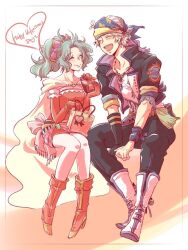  1boy 1girl arm_ribbon ayana_(iqaw5cfohvdtver) black_gloves black_jacket black_pantyhose boots breasts cape closed_eyes closed_mouth dress earrings elbow_gloves final_fantasy final_fantasy_vi full_body gift gloves green_hair grey_hair hair_ribbon happy_valentine headscarf holding holding_gift jacket jewelry light_blush locke_cole long_hair medium_breasts necklace open_mouth pantyhose parted_bangs pink_ribbon ponytail print_shirt red_boots red_dress red_gloves ribbon sash shirt short_dress short_hair single_glove sitting smile terra_branford waist_sash white_background white_boots yellow_cape 