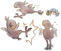  1boy animal_focus blue_eyes blue_hair blush_stickers chibi chibi_inset chocobo closed_eyes dashing elezen elf final_fantasy final_fantasy_xiv flapping flying_kick flying_sweatdrops gloves green_gloves hair_between_eyes haurchefant_greystone head_only kicking motion_lines pointy_ears short_hair simple_background suzuka_(su9111suzu) thumbs_up tiptoes white_background 