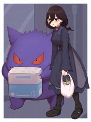  1girl :o absurdres atorie bag black_eyes black_shoes black_socks border brown_hair commentary_request dress earrings gengar hair_between_eyes hex_maniac_(pokemon) hex_maniac_(pokemon_legends:_z-a) highres holding jewelry jitome long_hair long_sleeves neck_ribbon no_pupils open_mouth outside_border pokemon pokemon_(creature) pokemon_legends:_z-a purple_ribbon ribbon shoes shopping_bag socks standing toilet_paper white_border 