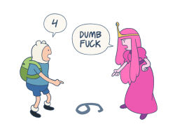  1boy 1girl 6_or_9 adventure_time animal_hood bag breasts colored_skin dinottosaur dress finn_the_human highres hood long_hair number_print open_mouth pink_hair pink_skin pointing princess_bonnibel_bubblegum rabbit_hood shirt simple_background toon_(style) very_long_hair 
