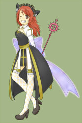  1girl animal_ears arch_bishop_(ragnarok_online) back_bow black_dress black_shoes blue_bow blush bow breasts brown_eyes cat_ears chima_(iccachima) cleavage_cutout clothing_cutout commentary_request crosier cross cross_of_prontera dress fishnet_thighhighs fishnets frilled_thighhighs frills full_body green_background grin headdress high_heels highres holding holding_staff long_hair looking_at_viewer medium_breasts one_eye_closed ragnarok_masters ragnarok_online red_hair sash shoes simple_background smile solo staff thigh-highs two-tone_dress white_dress white_thighhighs yellow_sash 