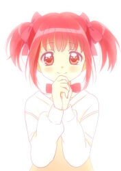  1girl highres hood hoodie kyanos_(b_0000ff) looking_at_viewer medium_hair momomiya_ichigo neck_ribbon own_hands_clasped own_hands_together red_eyes red_hair ribbon sidelocks simple_background smile tokyo_mew_mew twintails upper_body white_background white_hoodie 