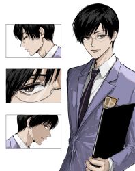  1boy black_hair brown_eyes closed_mouth collared_shirt commentary glasses highres lips looking_at_viewer male_focus multiple_views necktie ootori_kyouya ouran_high_school_host_club ouran_high_school_uniform school_uniform shirt short_hair simple_background sso_s symbol-only_commentary upper_body white_background white_shirt 
