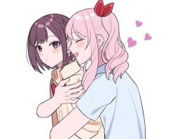  1girl 1other akiyama_mizuki blush bob_cut brown_eyes brown_hair closed_eyes closed_mouth collared_shirt commentary fingernails heart hug hug_from_behind mutu_(25love) open_mouth pink_hair project_sekai shinonome_ena shirt short_hair short_sleeves sidelocks simple_background smile upper_body white_background white_shirt 