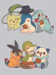  animal_focus basket blush brown_eyes chikorita closed_eyes closed_mouth cookie cup cyndaquil fangs food hat highres holding holding_cup holding_food holding_saucer holding_unworn_clothes holding_unworn_hat leaf mikakami1e no_humans open_mouth oshawott plant pokemon pokemon_(creature) pokemon_focus red_eyes saucer sharp_teeth simple_background smile snivy starter_pokemon_trio tail tea teacup teeth tepig totodile unworn_hat unworn_headwear vines 